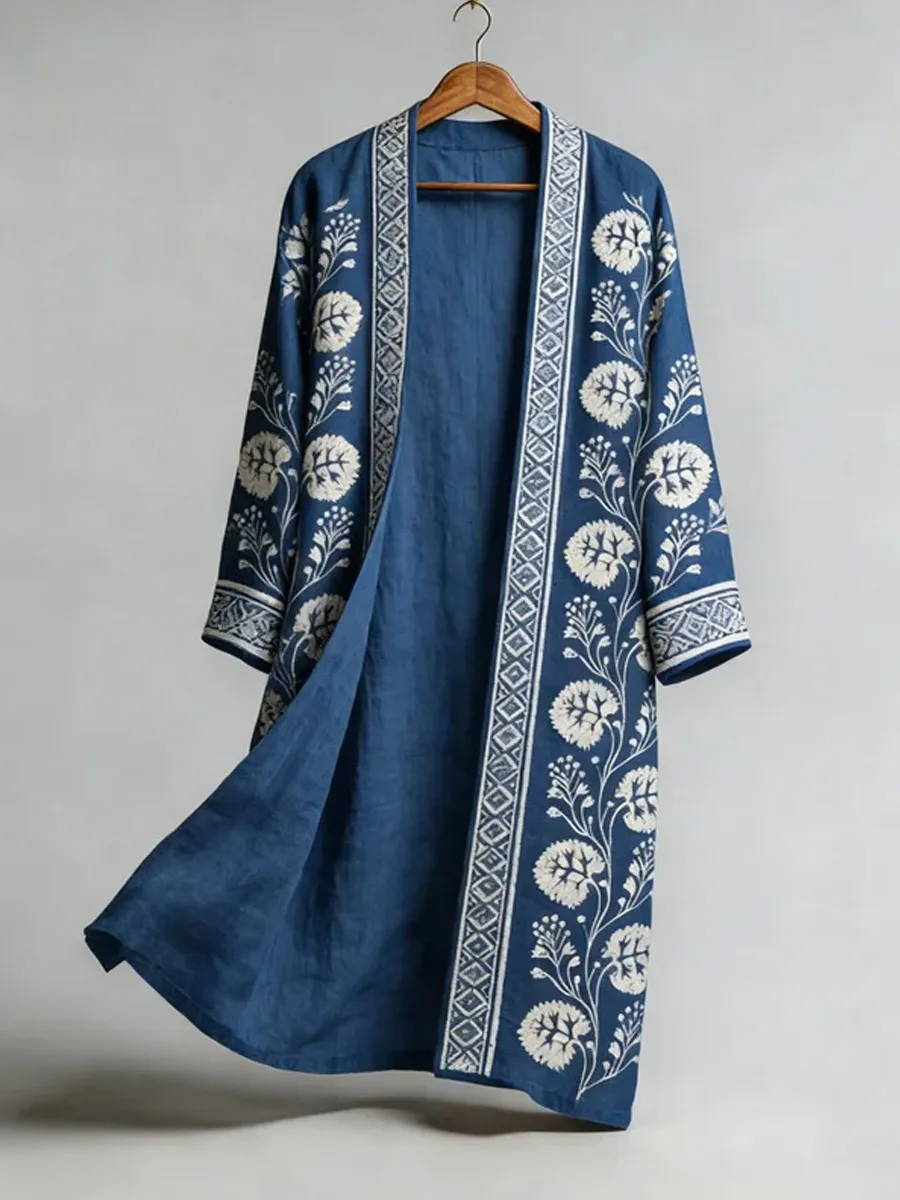 Vintage Floral Art Flowy Linen Long Kimono