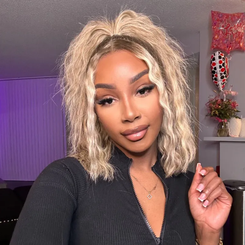 Sterly Ombre Ash Blonde Straight Short Bob Wigs 13×4 Transparent Lace Frontal Wig