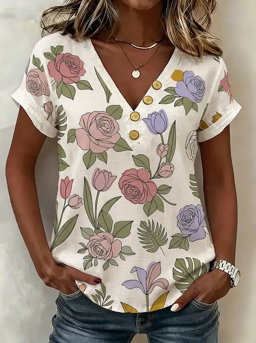 Women's Nashville Floral Rose Tulip Printed V-Neck Button Top