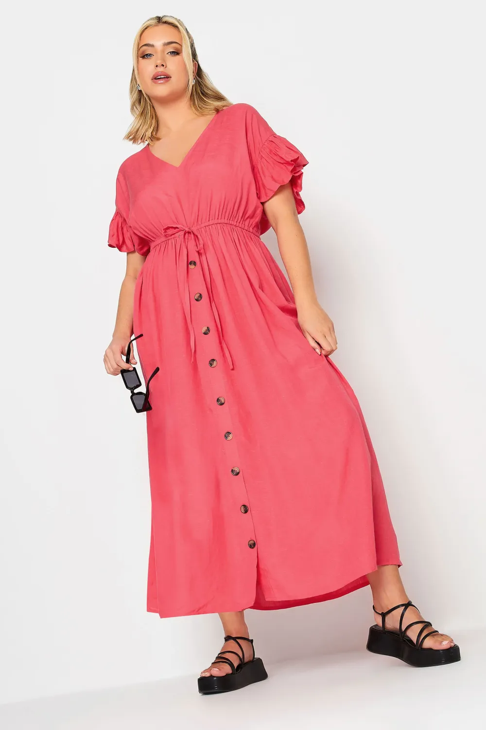 YOURS Curve Coral Pink Frill Sleeve Linen Maxi Dress