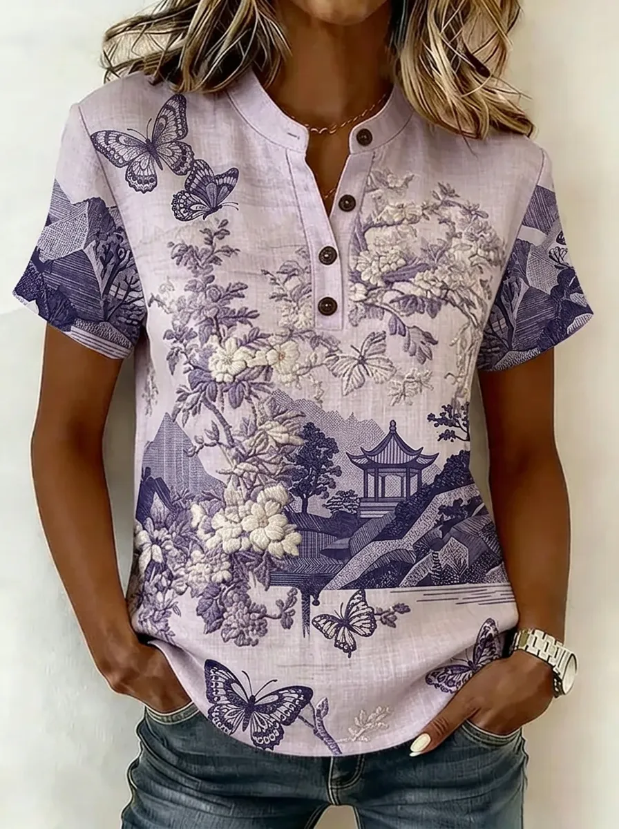 Women's Nashville Butterfly Floral Landscape Printed Henley Shirt