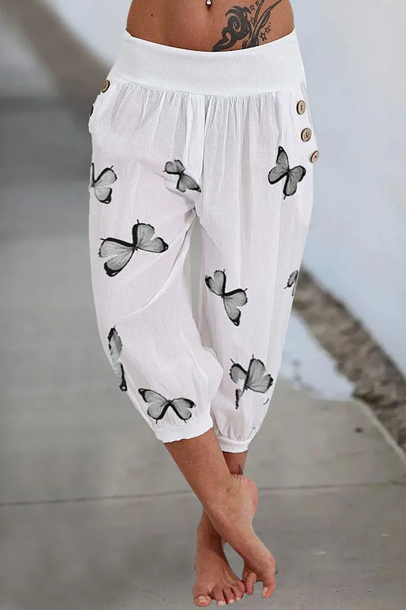 Butterfly Print Pocket Side Capris Pants