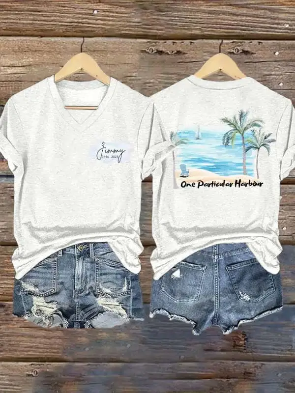 V Neck Retro Harbour Palm Trees Print T-Shirt