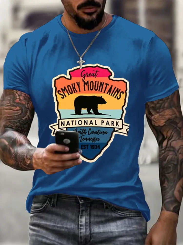 Men'S Round-Neck Short-Sleeved T-Shirt With Great Smoky Mountains National Parks Prints