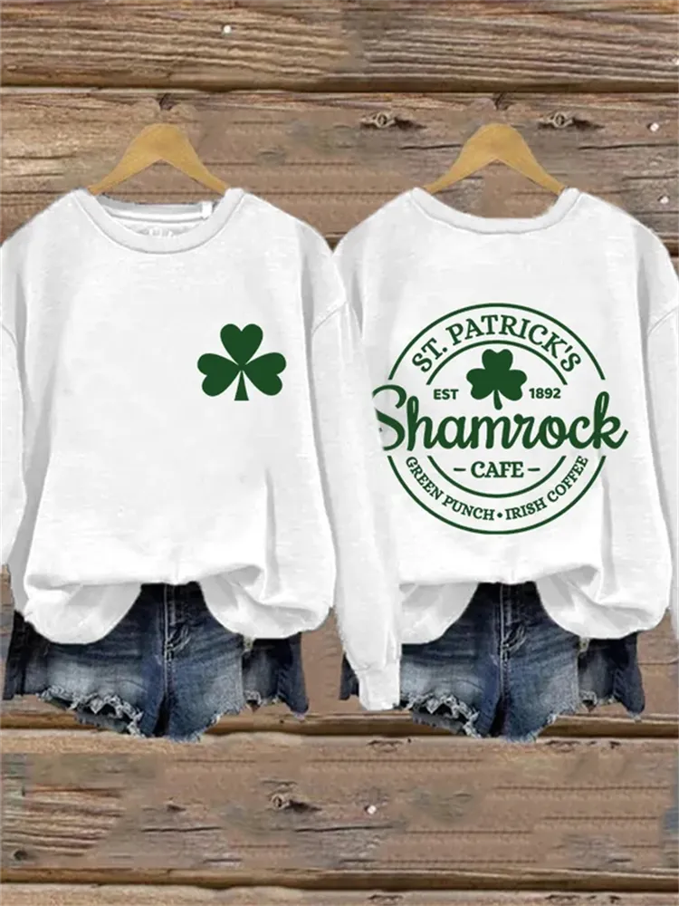 Women's St Patrick'S Day Clover Print Long Sleeve Sweatshirt