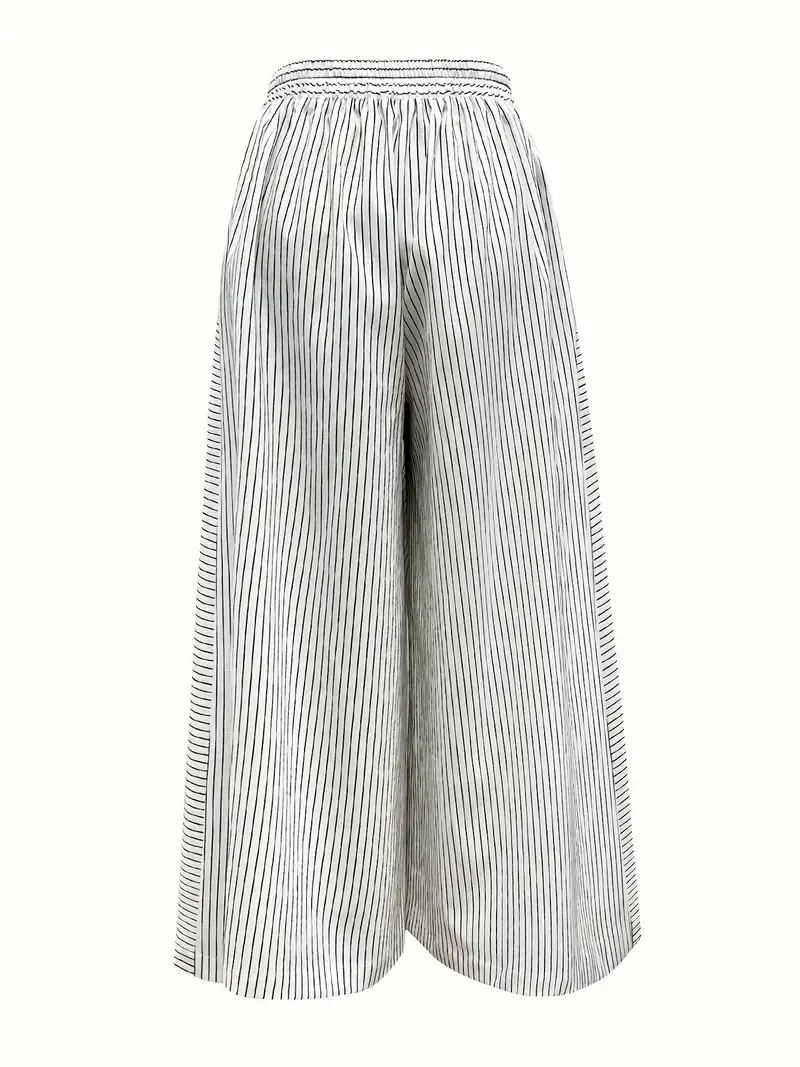 Women's Casual Striped Wide-Leg Pants - High-Waisted, Button Detail, Lightweight Polyester, Machine Washable - Perfect for Spring/Summer