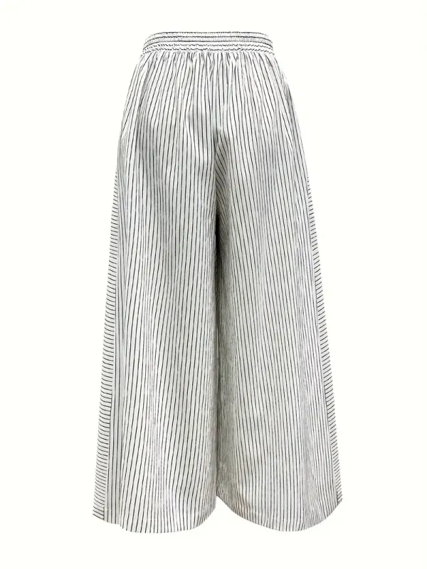 Women's Casual Striped Wide-Leg Pants - High-Waisted, Button Detail, Lightweight Polyester, Machine Washable - Perfect for Spring/Summer