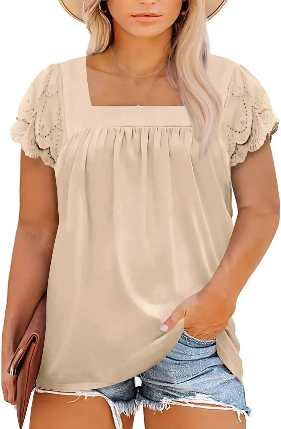 Eytino Womens Plus Size Tops Ruffle Short Sleeve Square Neck Summer Loose Casual Tee Shirts(1X-5X)