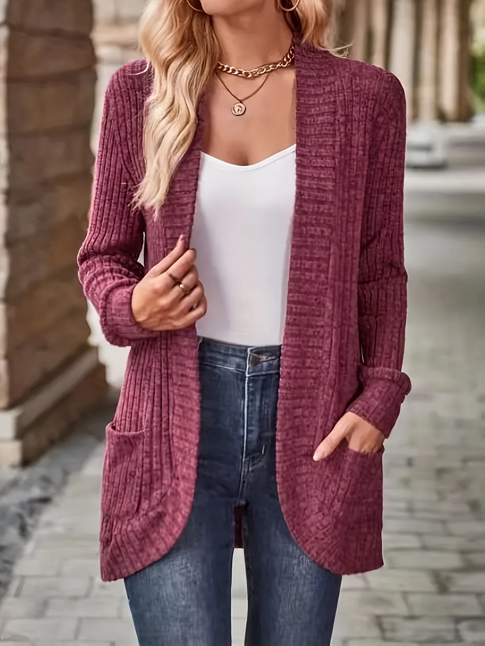 Relaxed Open Front Cardigan Casual Long Sleeve Drop