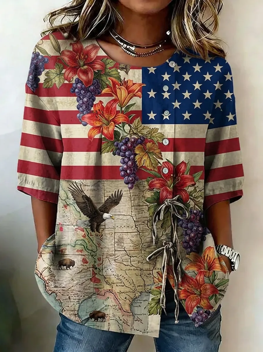 Women's Nashville USA Flag Eagle Floral Printed Button Top