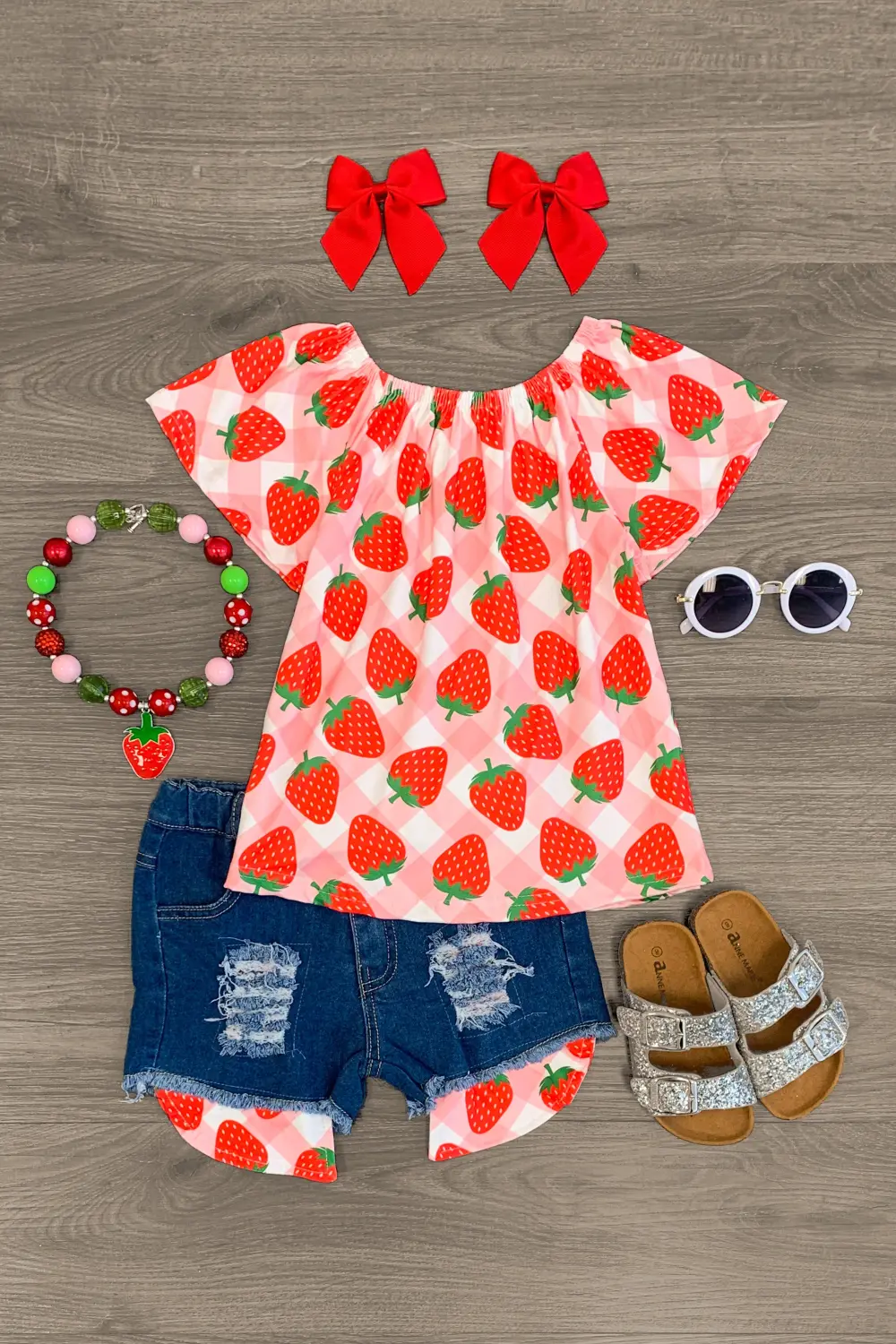 Pink Gingham Strawberry Denim Short Set
