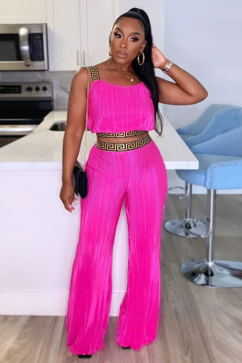 Pattern Print Pleated Sleeveless Crop Top High Waist Wide Leg Pants Matching Set