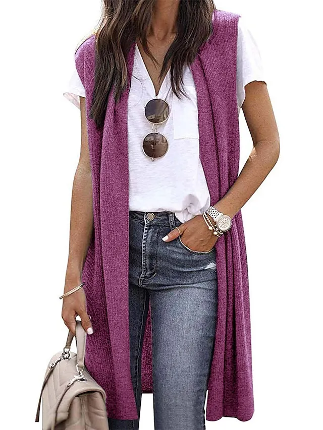 Women's Cardigan Knitted Solid Color Basic Casual Sleeveless Regular Fit  Cardigans Open Front Spring Summer Red Wine Dark Blue Orange / Going out
