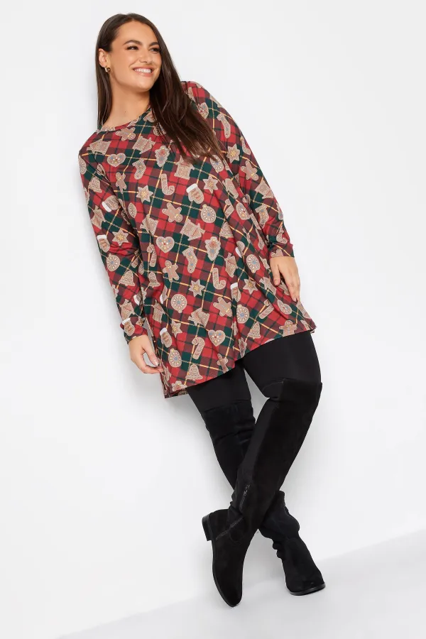 YOURS Curve Red Gingerbread Check Print Tunic Top