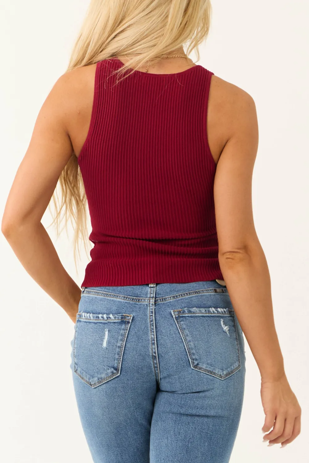 Maroon Ribbed Knit Fitted Sleeveless Top