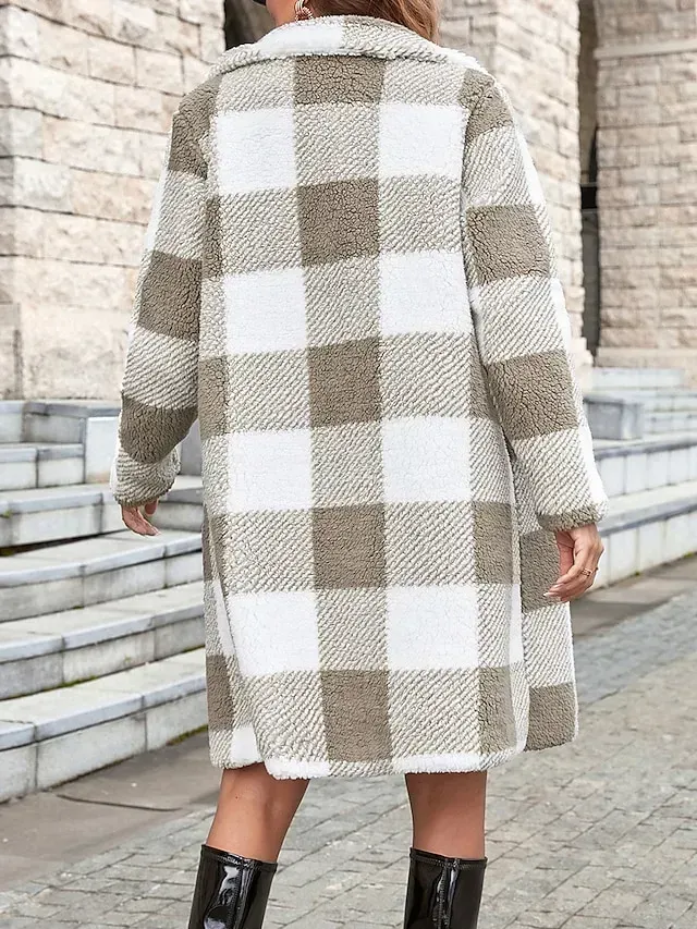 Women's Fleece Jacket Sherpa Jacket Teddy Coat Windproof Warm Long Coat Plaid Winter Coat with Pocket Open Front Heated Coat Outerwear Long Sleeve Fall Winter Wine Khaki S