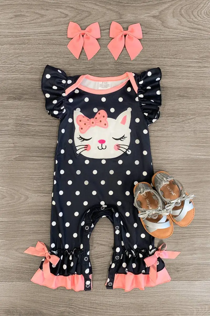 White Kitten Polka Dot Romper