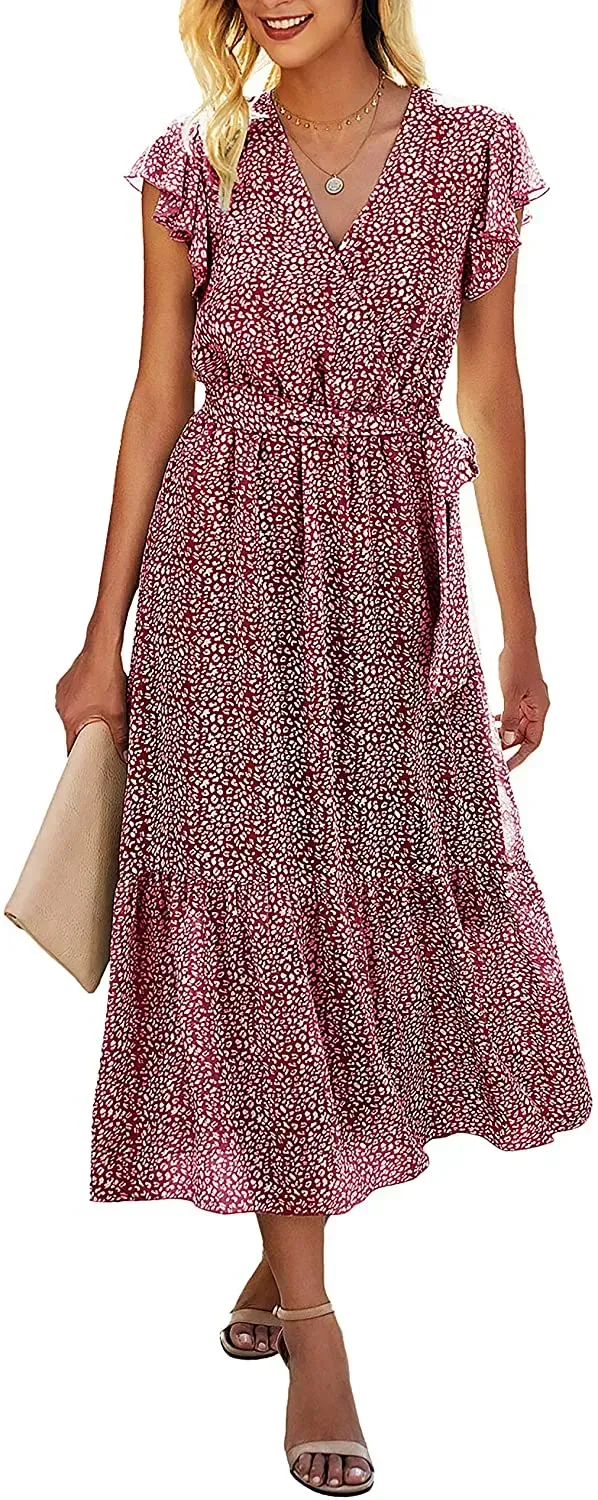 Women Summer Bohemian Floral Casual Wrap V Neck Ruffle Cap Sleeveless Belt A-Line Pleated Hem Swing Midi Sun Dress