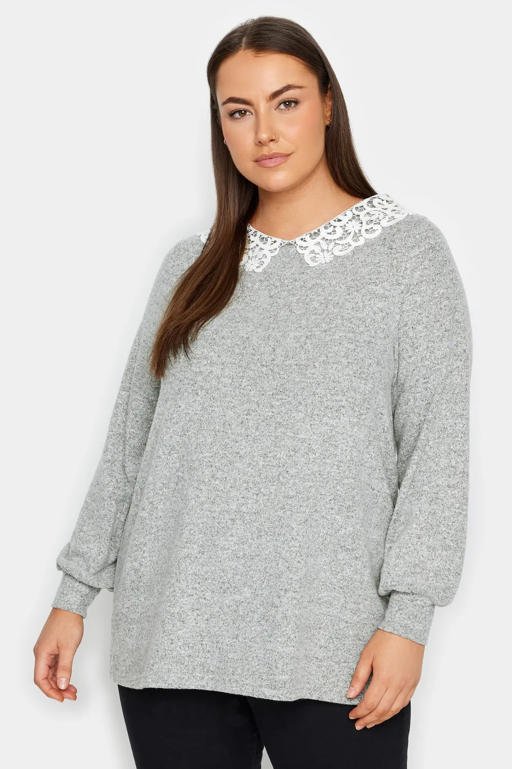 Evans Light Grey Lace Collar Soft Touch Jumper