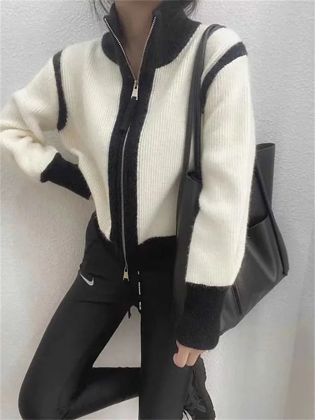 Women's Cardigan Sweater Jumper Ribbed Knit Regular Patchwork Zipper Color Block Stand Collar Stylish Casual Outdoor Daily Fall Winter Black White S M L
