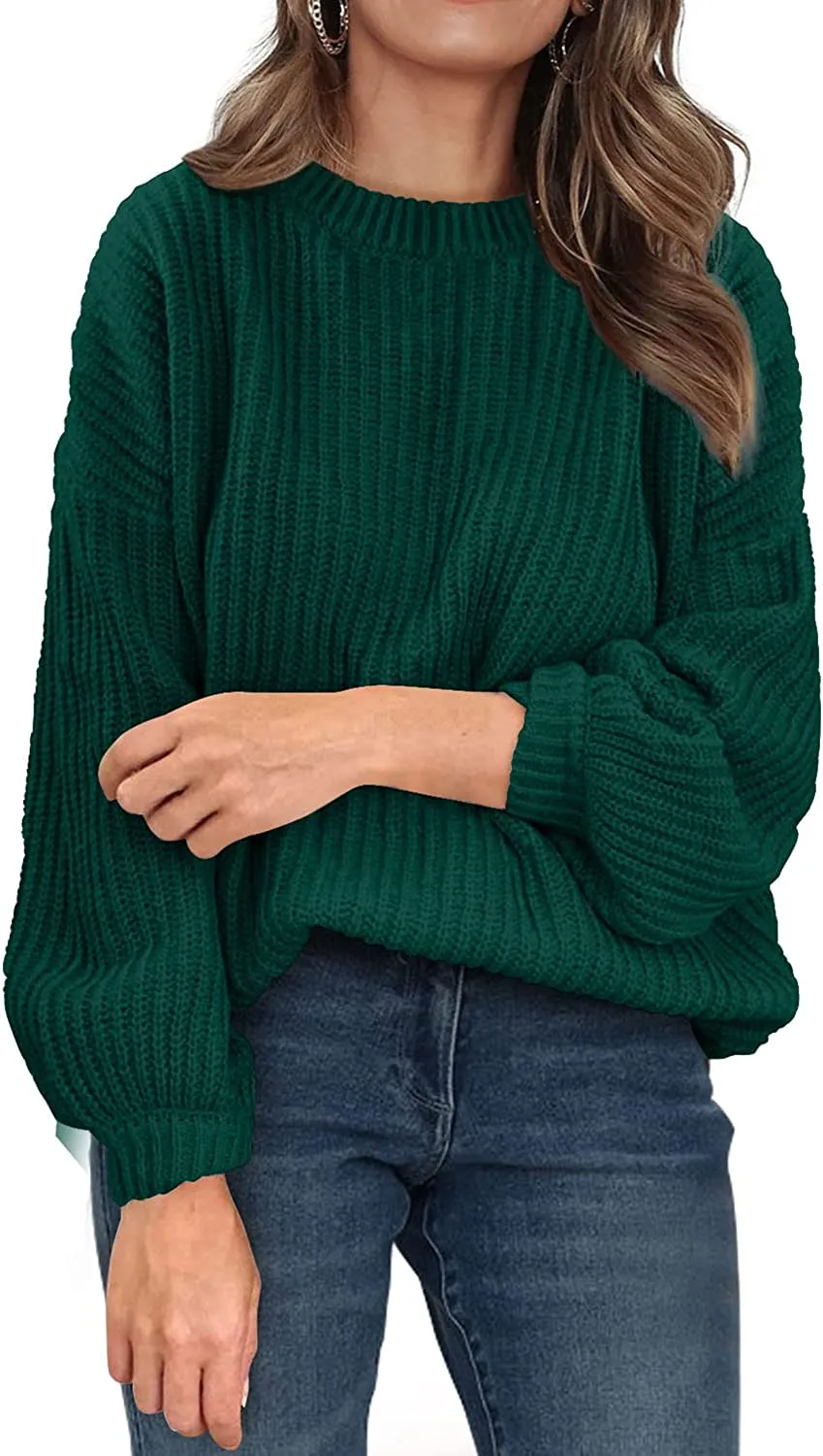 Women's Crew Neck Loose Drop Shoulder Lantern Sleeve Casual Solid Color Knit Pullover Sweater