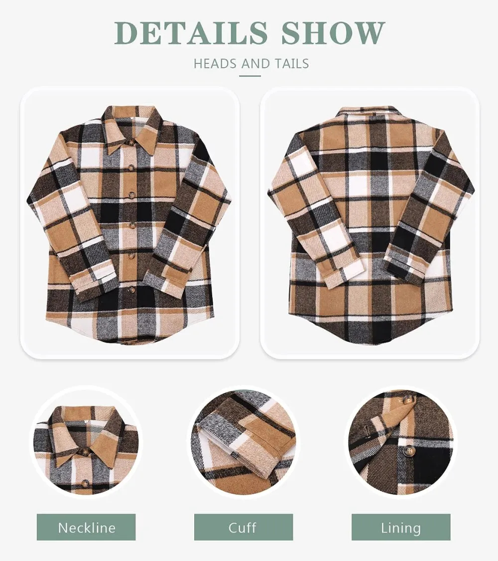 Women's Flannel Plaid Shacket Long Sleeve Button Down Chest Pocketed Shirts Jacket Coats