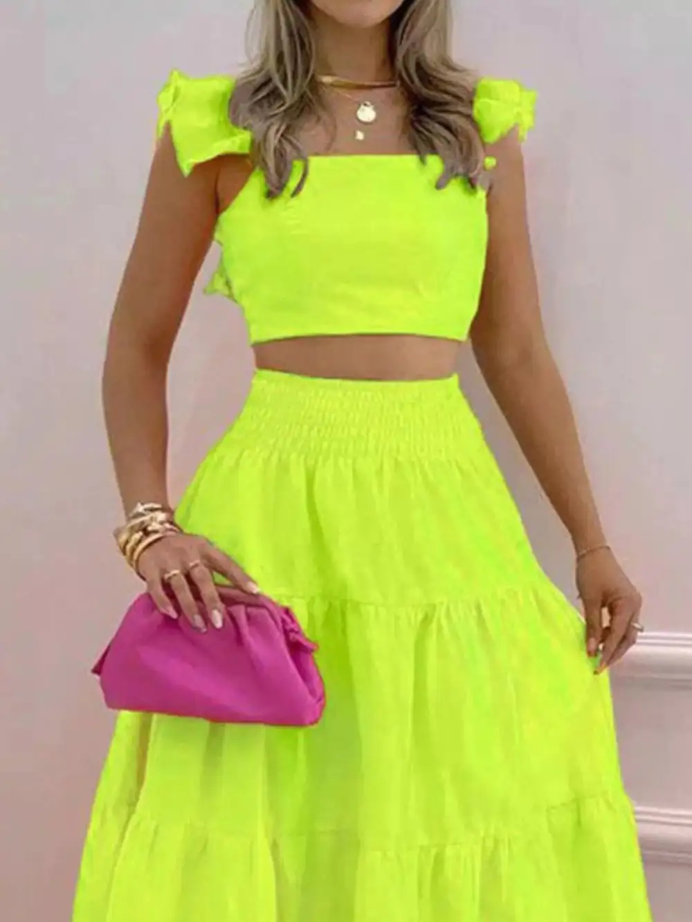 Crop Top Tiered Maxi Skirt Set