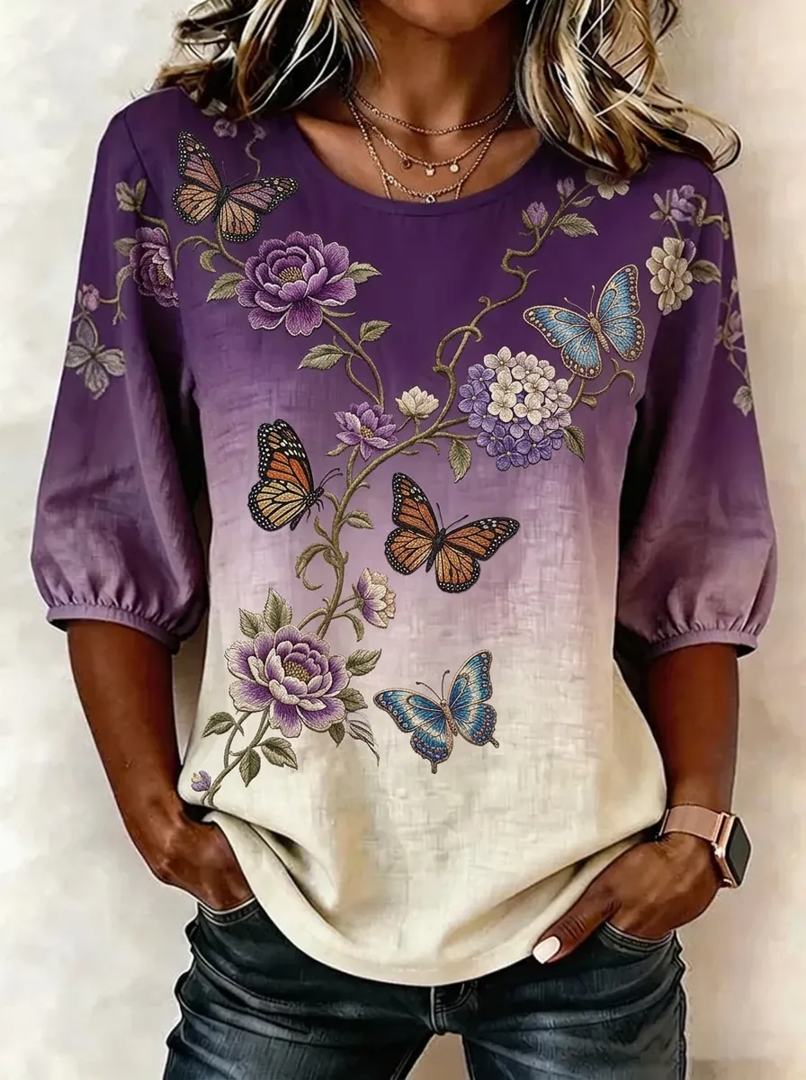 Women's Nashville Floral Butterfly Printed 3/4 Sleeve Top