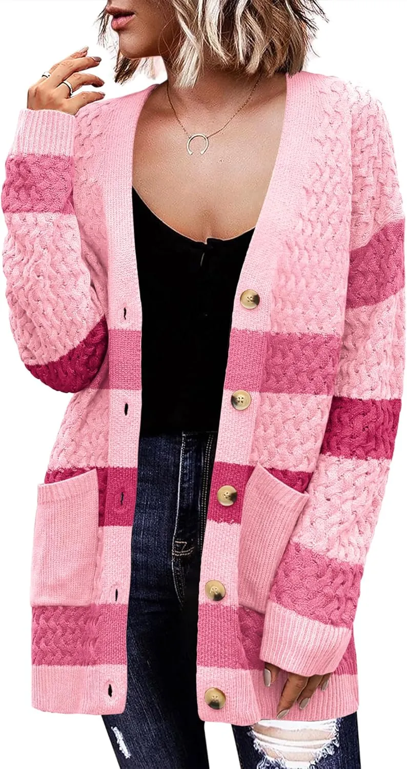 Womens 2024 Long Sleeve Chunky Cable Knit Fall Cardigans Sweaters Button Down Open Front Outerwear with Pockets