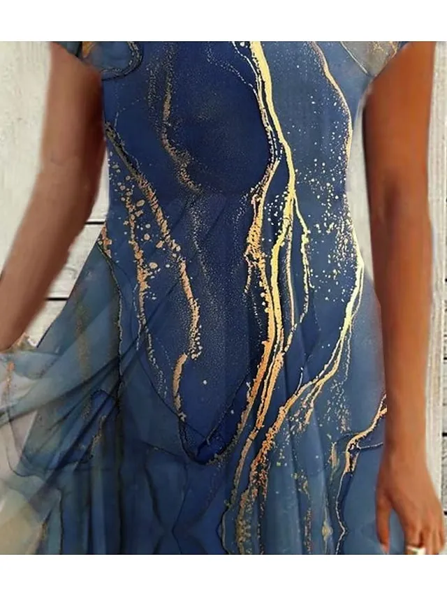 Women's Casual Dress Swing Dress Sundress Midi Dress Blue Short Sleeve Print Print Summer Spring V Neck Fashion Wedding Guest Vacation Summer Dress 2023 S M L XL XXL 3XL