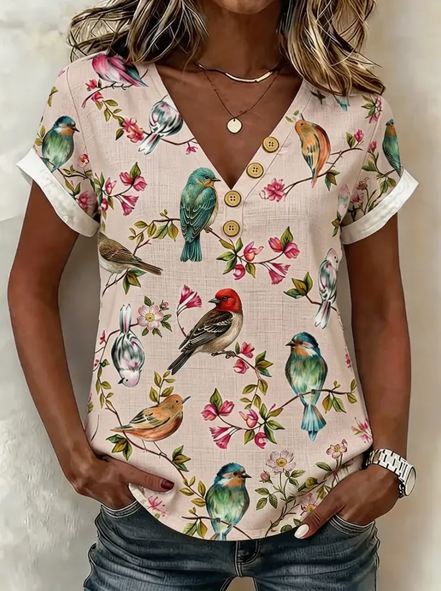 Women's Nashville Bird Floral Printed V-Neck Button Top