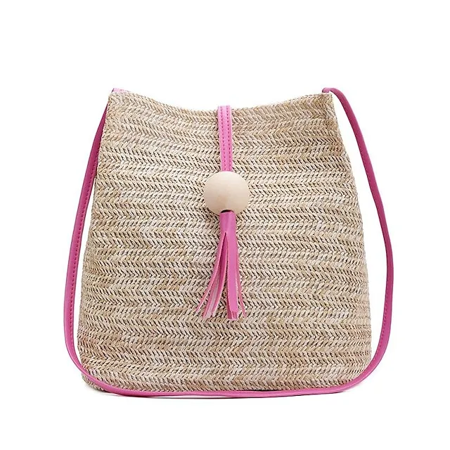 Women's Shoulder Bag Straw Bag Straw Shopping Daily Large Capacity Waterproof Breathable Solid Color Pink Fuchsia Brown