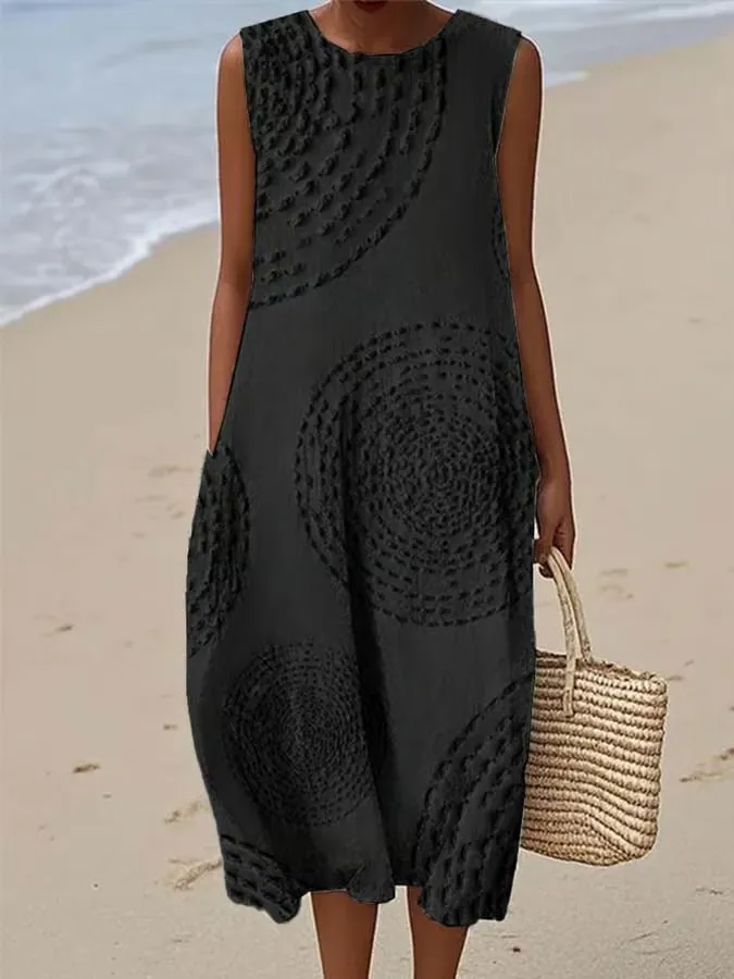 Women'S Round Neck Sleeveless Color-Block Printed Dress