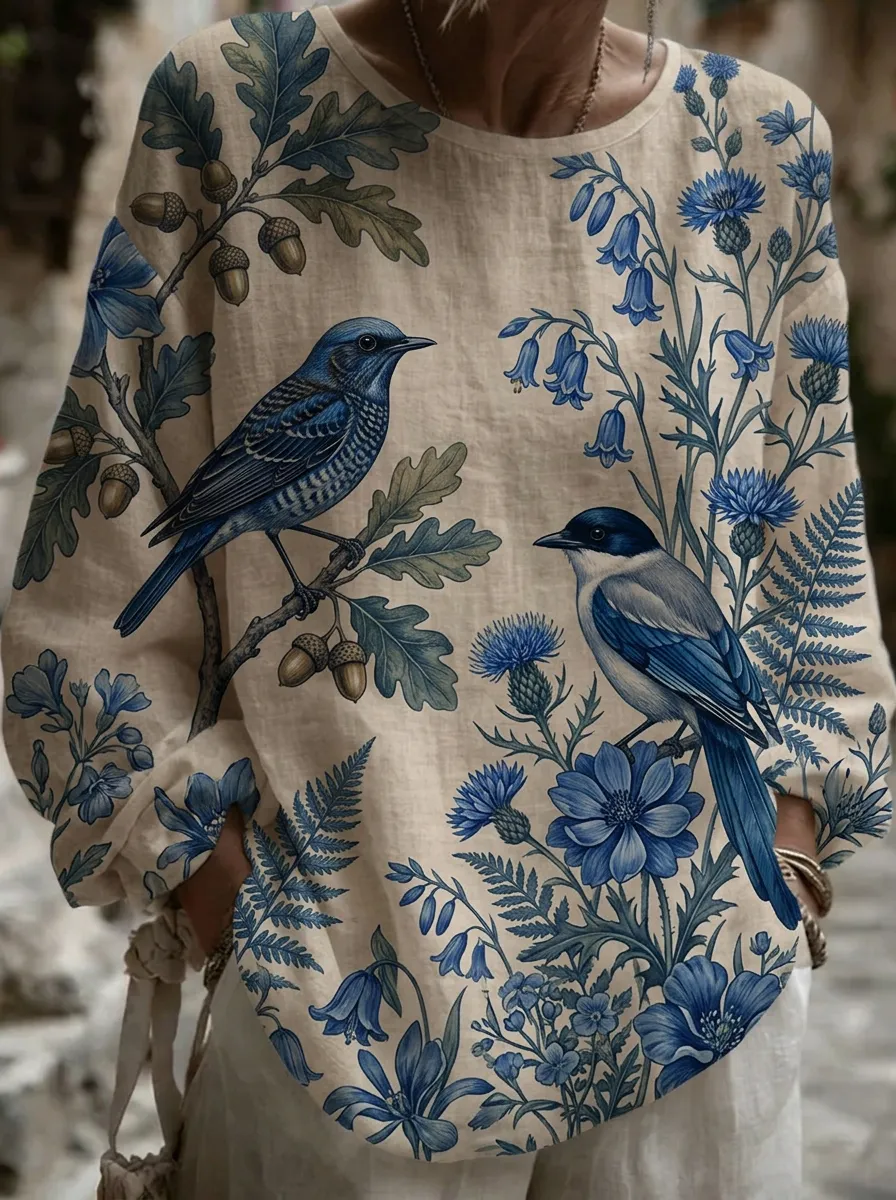 Women's Nashville Nature Lover Blue Bird Floral Printed Top