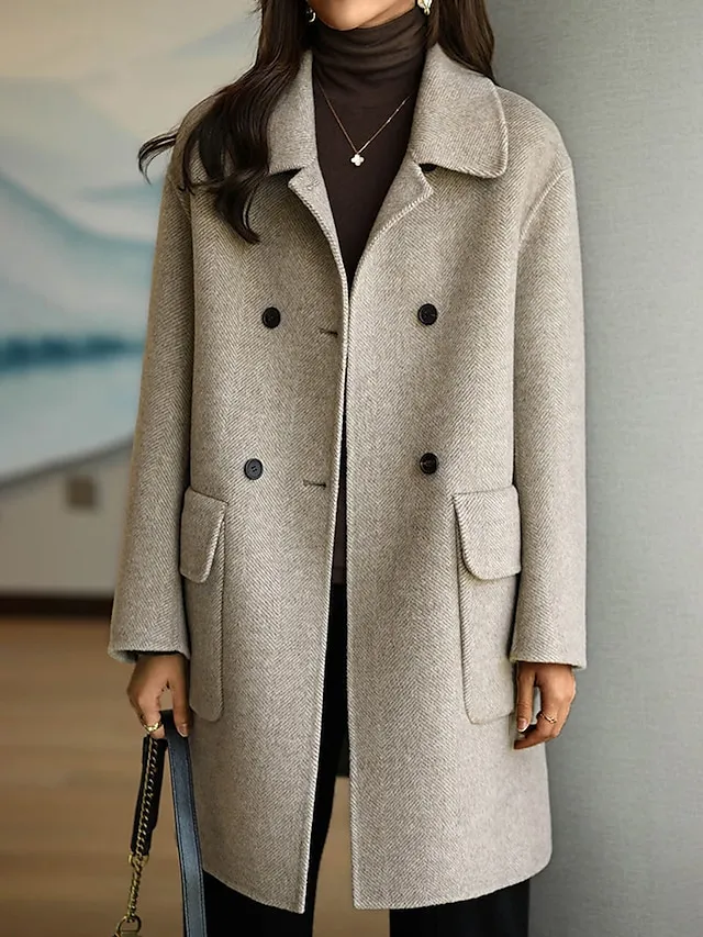 Women's Coat Fall Winter Long Pea Coat Windproof Wool Blend Coat with Pockets Maillard Warm Modern Style Casual Trendy Jacket Long Sleeve Plain Black Red Camel