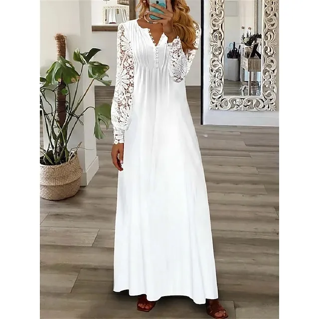 Women's Floral Lace Pleated Dresses Eyelet Long Dress Maxi Dress A Line Dress Print Dress Fashion Casual Outdoor Daily Button Long Sleeve V Neck Regular Fit White Pink Red Spring Summer S M L XL
