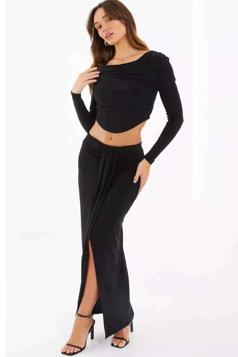 Brown Ruched Cowl Neck Top Ruched Split Maxi Skirt