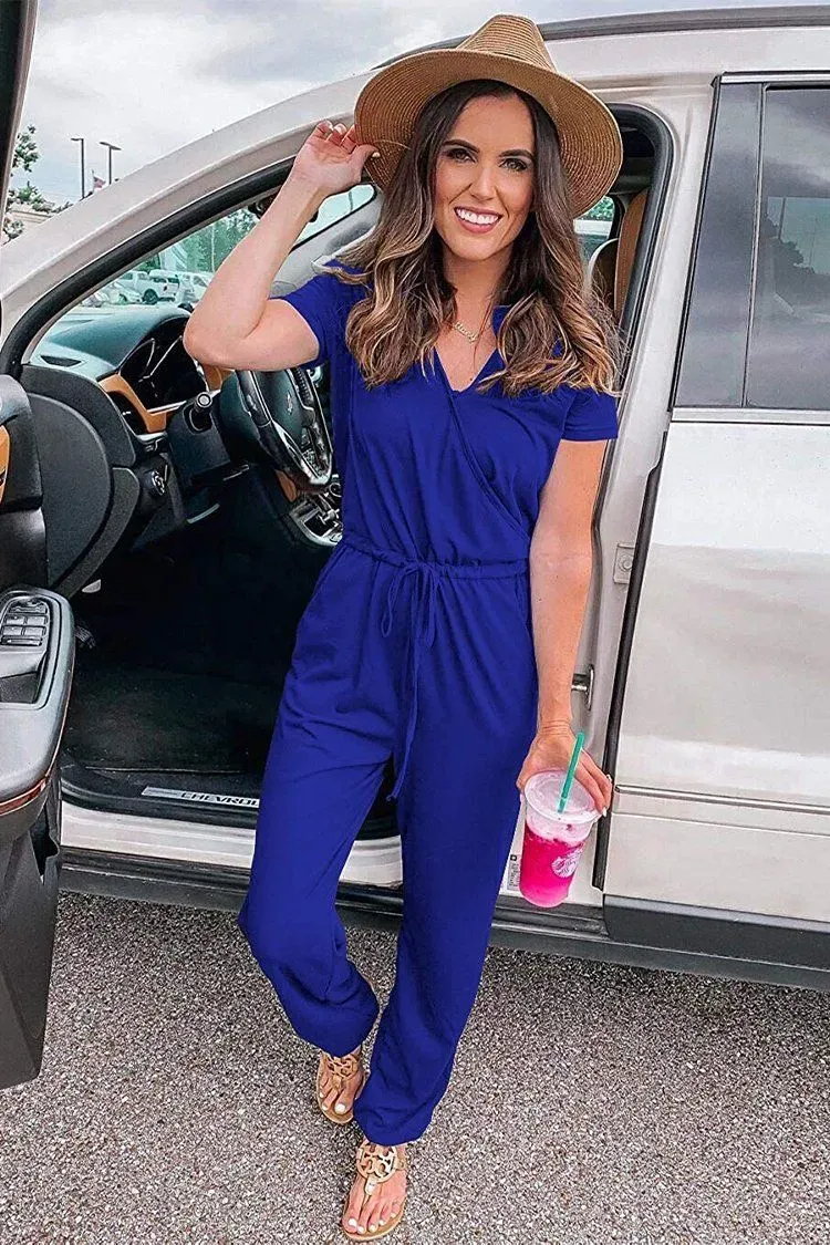 Deep V Neck Wrap Drawstring Waist Jumpsuit