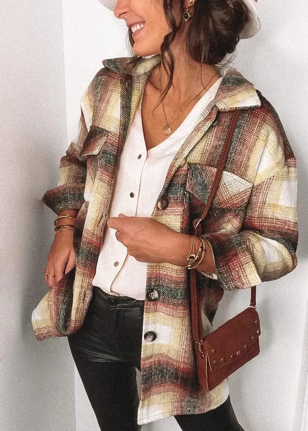 Women's 2023 Fall Clothes Plaid Shacket Jacket Long Sleeve Button Down Flannel Shirts Fashion Blouse