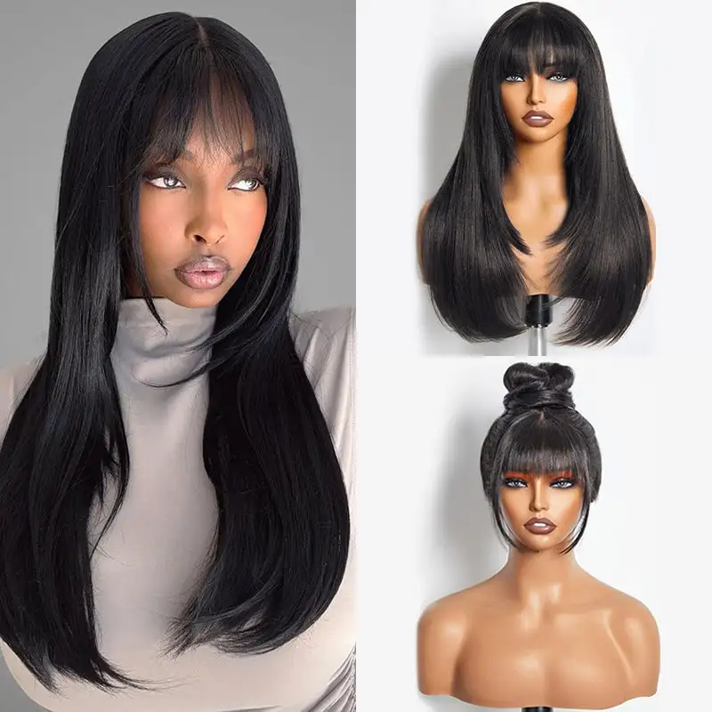Super Double Drawn 13×6 Full Lace Layered Straight Human Hair Wig With Bangs