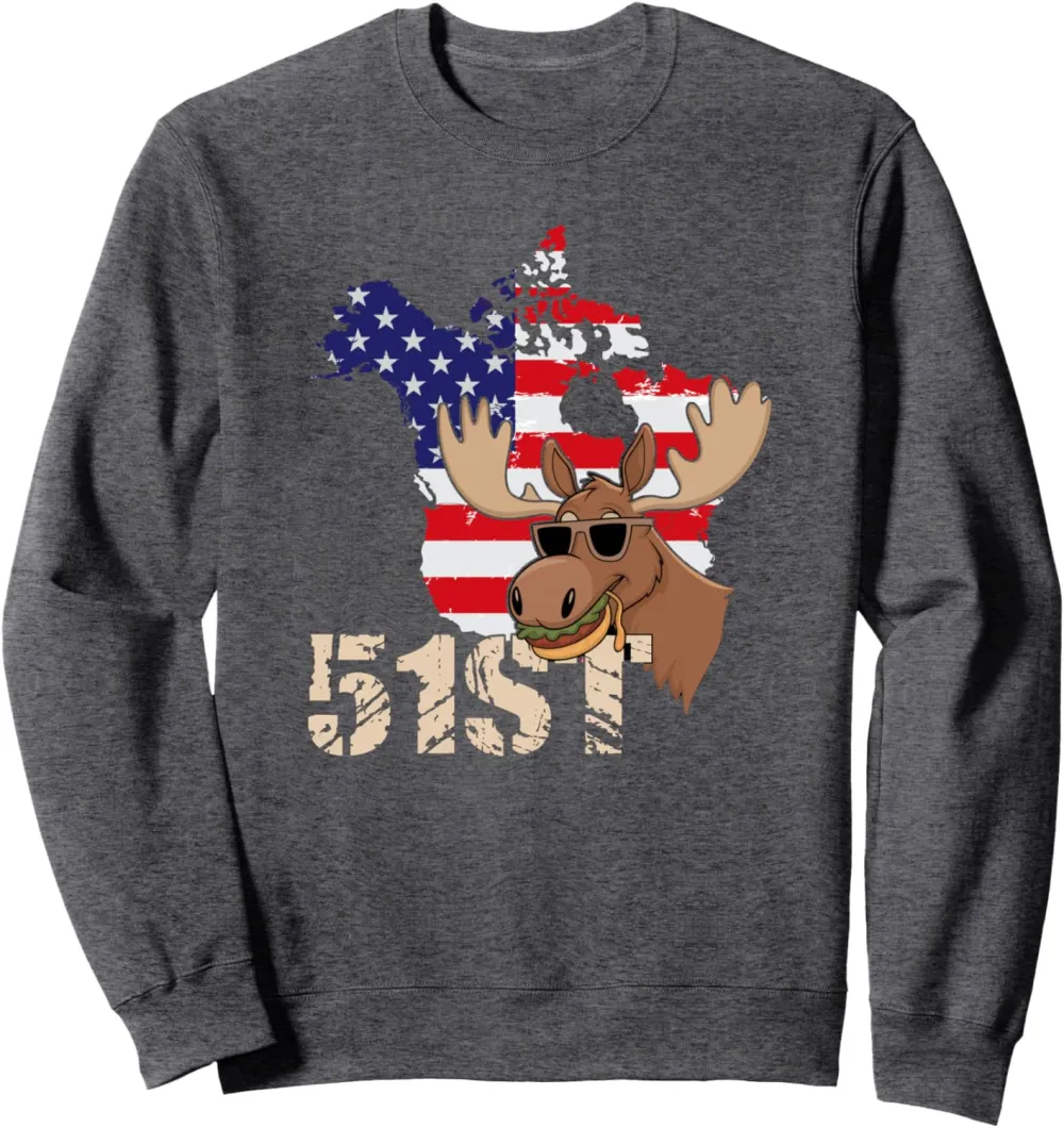 USA America Canada 51st State Map with Moose Having Burger Sweatshirt