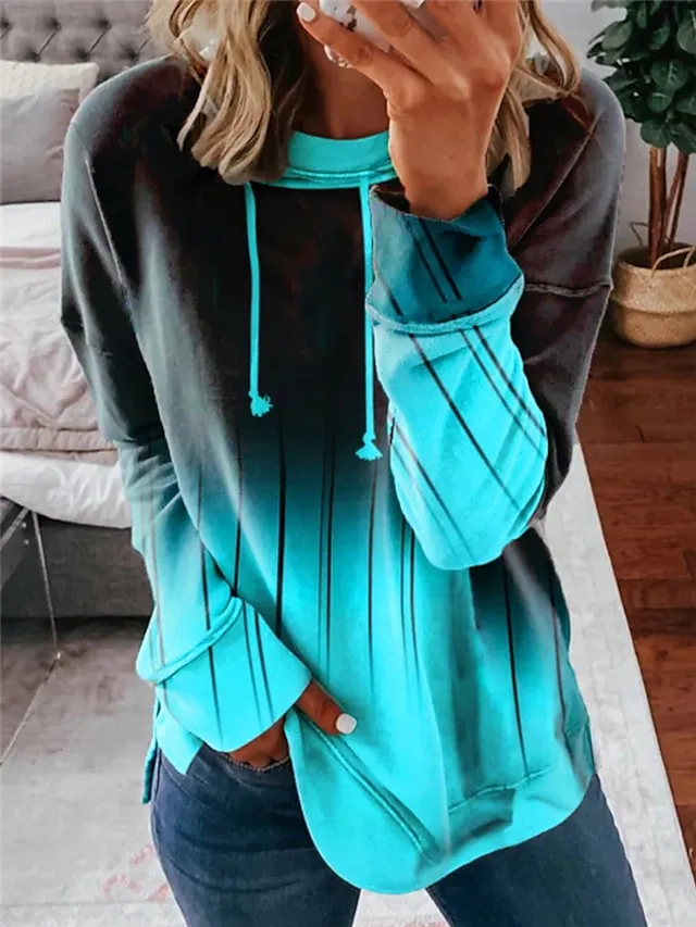 Women's Sweatshirt Pullover Sportswear Casual Drawstring Print Black Red Light Blue Gradient Loose Fit Casual Daily Round Neck Plus Size Long Sleeve Micro-elastic Fall & Winter