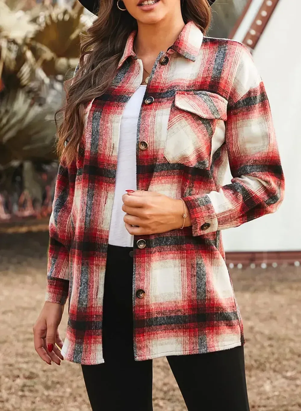 Women's 2023 Fall Clothes Plaid Shacket Jacket Long Sleeve Button Down Flannel Shirts Fashion Blouse