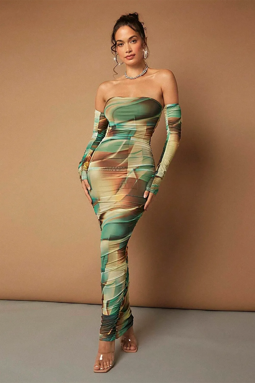 BAE Tie Dye Off Shoulder Ruched Side Bodycon Dress