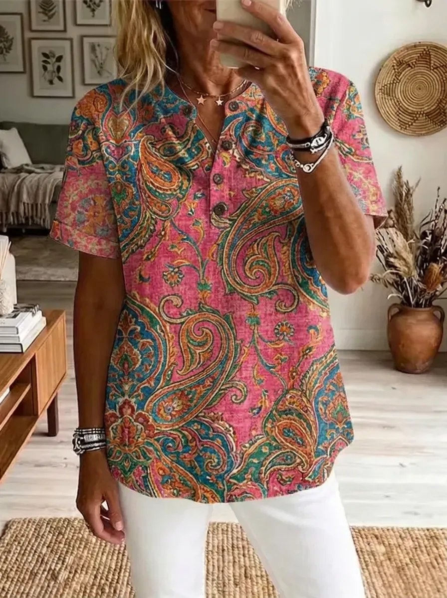 Women's Nashville Boho Paisley Printed Henley Shirt