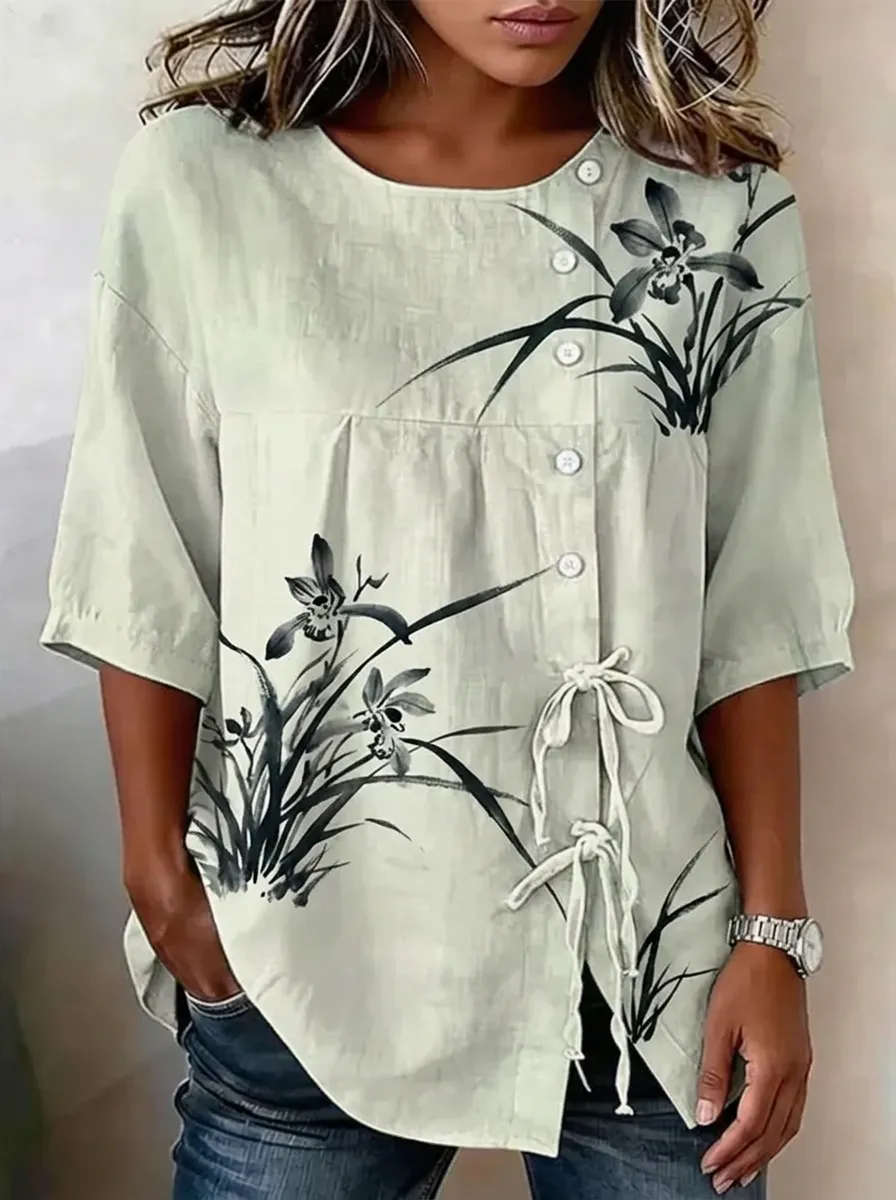 Women's Nashville Floral Ink Wash Printed Button-Up Top