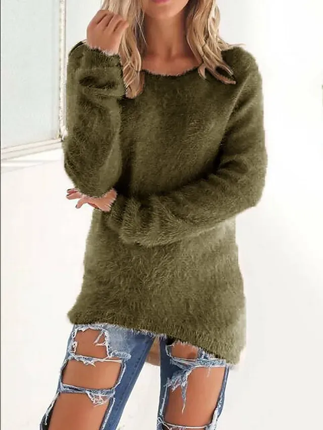 Women's Pullover Sweater Jumper Stylish Casual Soft Solid Color Fuzzy Crew Neck Oversized Long Sleeve Long Tops Knit Outdoor Daily Going out Lake blue ArmyGreen Fall Winter