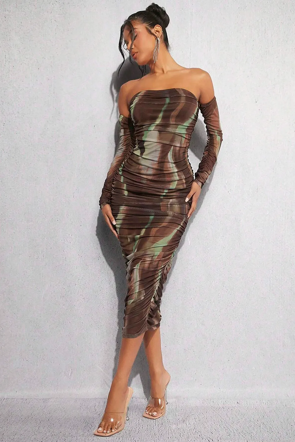 BAE Tie Dye Off Shoulder Ruched Side Bodycon Dress