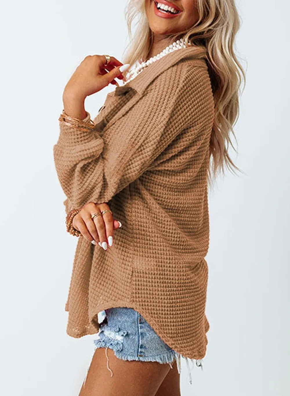 Womens Waffle Knit Button Down Shirts Casual Long Sleeve Shacket Jacket Boyfriend Tops Blouses Loose Fit