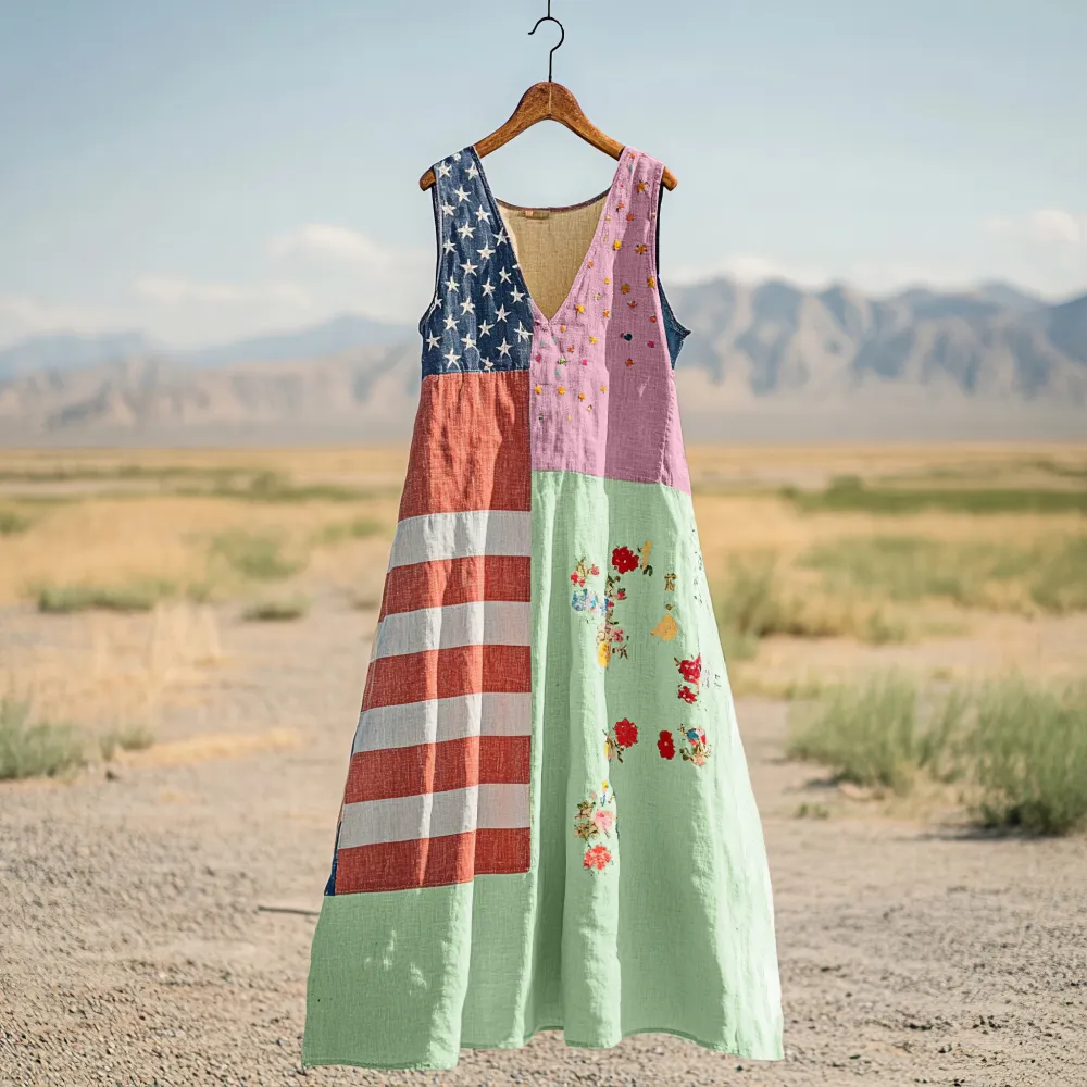 Women's Independence Day Flag Print Cotton And Linen Dress